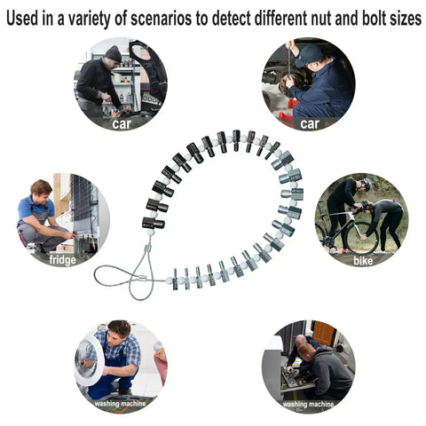 Nut And Bolt Thread Checker Set With 26 Male And Female Gauges SAE Inch And Metric Quick Size And Pitch Verification For Nuts And Bolts Complete Gauge Kit For Pros And DIY Projects with gauge circle and usage scenarios.