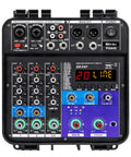 Top view of Powerful 150W X2 Gig-Ready Powered Mixer with 4 channels, control knobs, and input jacks for live sound system.