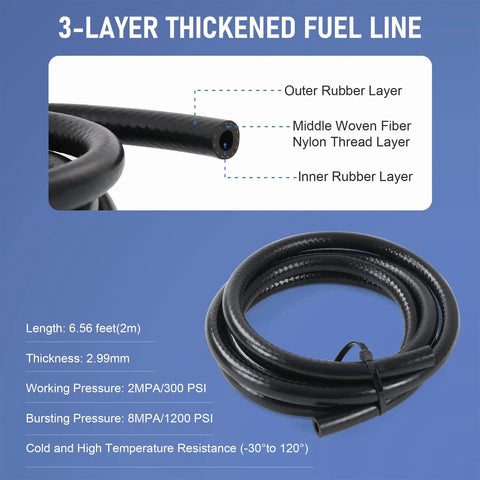 3-layer thickened fuel line from 12V Electric Fuel Pump Kit Plug And Play, Low Pressure 3 To 6 PSI With Fuel Filters, 10 Hose Clamps