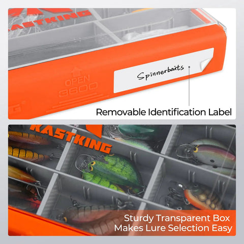 HyperSeal Waterproof Tackle Box With Removable Dividers For 3600 And 3700 Trays, transparent lid with labeled lure storage.