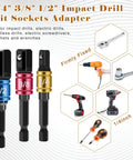 1/4, 3/8, 1/2 inch impact drill bit sockets adapters from 18 Piece Drill Bit Holder Kit With 11 Bit Holder Keychains, 3 Impact Socket Adapters In 1/4, 3/8, 1/2, 3 Quick Hex Shanks, And A 105 Degree Right Angle Driver For Quick On The Go Diy Projects