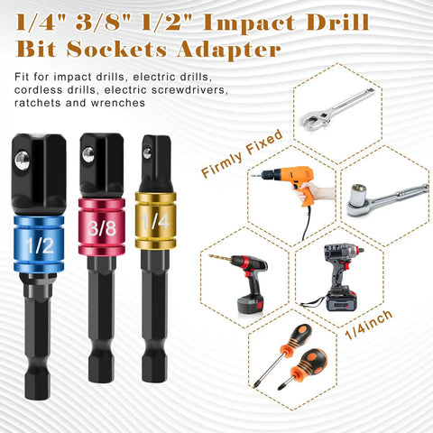 1/4, 3/8, 1/2 inch impact drill bit sockets adapters from 18 Piece Drill Bit Holder Kit With 11 Bit Holder Keychains, 3 Impact Socket Adapters In 1/4, 3/8, 1/2, 3 Quick Hex Shanks, And A 105 Degree Right Angle Driver For Quick On The Go Diy Projects