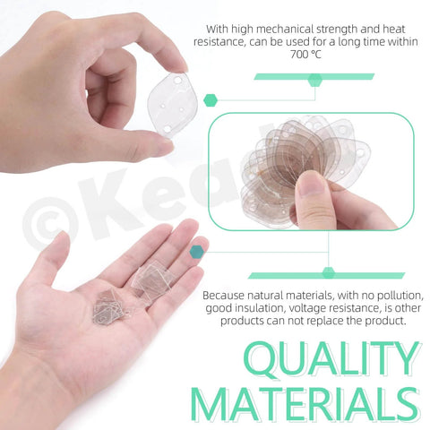 Hands holding 420Pcs Mica Insulating Sheet Set for TO-220 TO-3P TO-3P11 TO-3PL transistors showing clear mica sheets