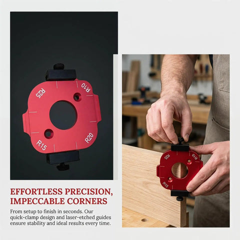 Slick 4 In 1 Wood Router Corner Radius Jig Template Set For Effortless Arc Positioning and smooth edge routing layout, R15 template in use.