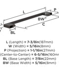 Diagram showing measurements for Oil Rubbed Bronze Cabinet Pull Six And Five Sixteenths Inch Center To Center Seven And Three Eighths Inch Overall Length Cityscape Furniture Hardware 10 Pack.