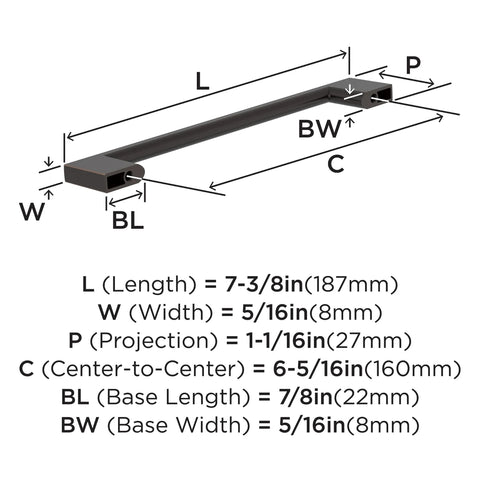 Diagram showing measurements for Oil Rubbed Bronze Cabinet Pull Six And Five Sixteenths Inch Center To Center Seven And Three Eighths Inch Overall Length Cityscape Furniture Hardware 10 Pack.