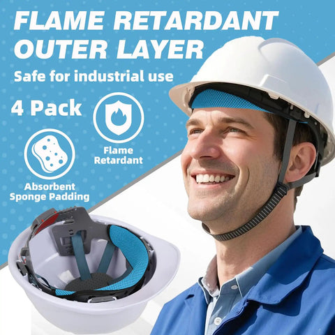 Keeps You Cool With Cooling 3 Layer Breathable Hard Hat Sweat Bands Set, worn by worker, close-up of blue liner in white hard hat