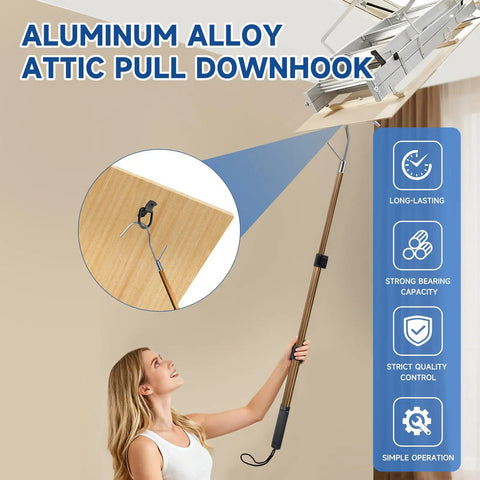 No-Fuss Attic Ladder Pull Down System Kit With Telescoping Extension Rod Door Hook D Ring And Mounting Screws Replacement For Attic Pull Down Cord 20 To 40 Inch Adjustable Space Saving Heavy Duty Aluminum Pole used to open attic hatch