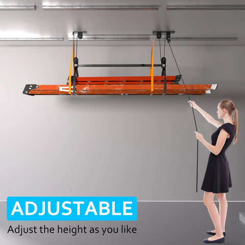 Ceiling Ladder Hoist System For Garage Storage Heavy Duty Pulley Lift Holds Up To 150 Lbs installed with ladder hoisted