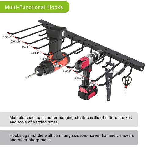 Two Pack 15x38 Heavy Duty Wall Shelf Garage Storage Rack with drill organizer and tools hanging on multi-functional hooks