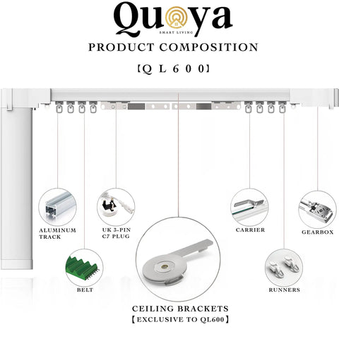 Top Shelf Motorized Smart Electric Curtain Track With Remote And Concealed Brackets part layout showing aluminum track, carrier, and gearbox.