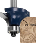 Superior 3/4 Radius Roundover Router Bit With 1/4 Inch Shank And Durable Carbide Tip For Hella Smooth Wood Edges Includes Precision Bearing Guide close-up with wood showing 3/8 inch radius.