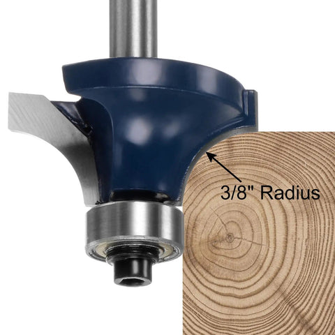 Superior 3/4 Radius Roundover Router Bit With 1/4 Inch Shank And Durable Carbide Tip For Hella Smooth Wood Edges Includes Precision Bearing Guide close-up with wood showing 3/8 inch radius.