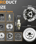 Three Eighths Inch 6 Tooth Sprocket Clutch Drum Bearing Chainsaw Parts Kit with measurements and components shown.