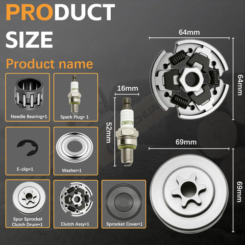 Three Eighths Inch 6 Tooth Sprocket Clutch Drum Bearing Chainsaw Parts Kit with measurements and components shown.