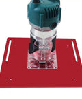 Premium Router Lift Kit With Aluminum Base Plate And Insert Plate For Woodworking, detailed view on red aluminum base