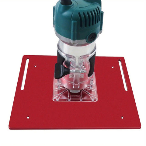 Premium Router Lift Kit With Aluminum Base Plate And Insert Plate For Woodworking, detailed view on red aluminum base