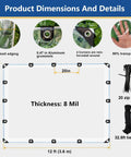 Detailed dimensions of Tough As Nails Heavy Duty Clear Tarp 6 X 12 Ft Waterproof 8 Mil Thick Vinyl Sheet with grommets.