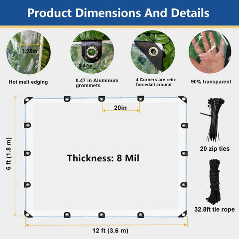 Detailed dimensions of Tough As Nails Heavy Duty Clear Tarp 6 X 12 Ft Waterproof 8 Mil Thick Vinyl Sheet with grommets.