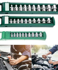 Heavy Duty Car Repair Socket Wrench Drive Head Kit With 3 8 Inch Quick Release Drive, 10 steel sockets in green organizer.