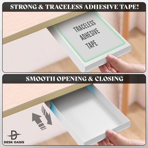 Under Desk Drawer Organizer 2 Pack With Slide Out Storage For Pens Cables And Office Accessories No Drill Adhesive Mount Hidden Desk Storage For Home Office And Workspace showing traceless adhesive tape and smooth slide out drawer