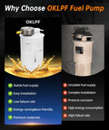 Comparison of OKLPF fuel pump and other fuel pump, highlighting stable fuel supply, easy installation, and premium materials
