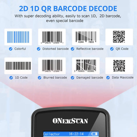 Wireless Barcode Scanner Portable Inventory Tool 1D 2D PDF417 Handheld With 2.8 Inch LCD Screen Data Collector and various barcodes