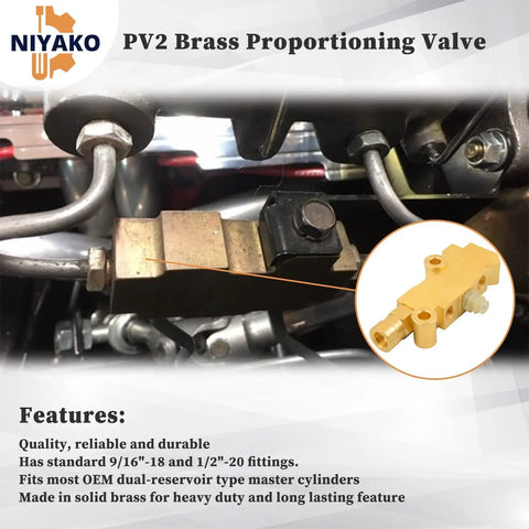 Solid Brass Disc Drum Proportioning Valve PV2 172-1353 installed in a vehicle engine, featuring brass body and hydraulic fittings.