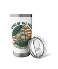 Patriotic Insulated Tumbler With US Flag Sailboat Motif Red White And Blue Stainless Steel Travel Mug front view