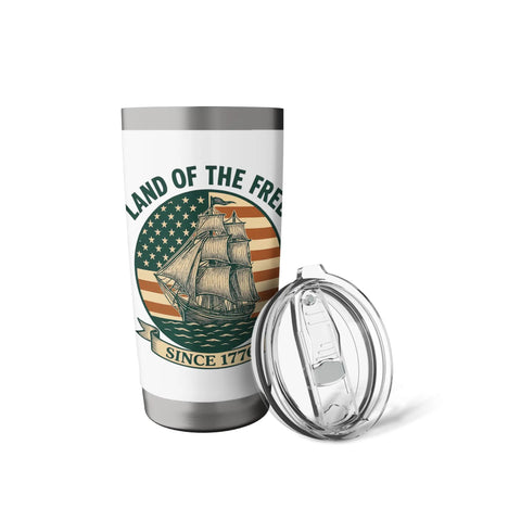 Patriotic Insulated Tumbler With US Flag Sailboat Motif Red White And Blue Stainless Steel Travel Mug front view