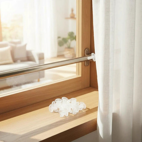 Premium Drapery Track Stoppers Keep Your Curtains Locked Down Totally Slip Free Tough Snap Install on window with sheer curtain.