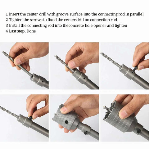 WUWEOT concrete hole saw set, 2-1/2 inch with 220mm plus shank and 65mm wall drill bit; collage showing assembly steps