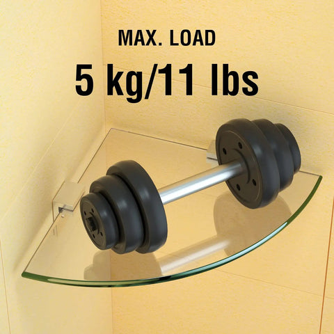 No-Drill Corner Shower Shelf Kit holding a dumbbell, displaying 5 kg/11 lbs capacity on tempered glass, 9.5 x 9.5 inch size