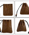 Hardy Cowhide Leather Drawstring Pouch With Vintage Retro Finish Designed For Hauling Your Daily Grind Essentials Travel Toiletries And Quick Pocket Stash showing multiple angles.