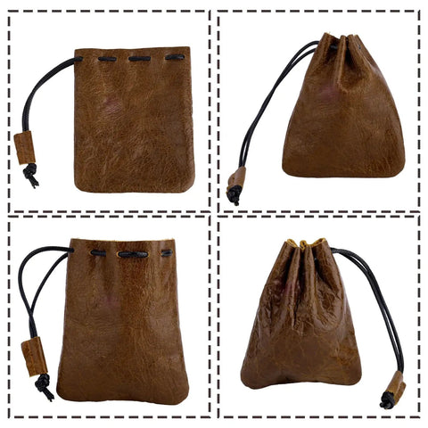 Hardy Cowhide Leather Drawstring Pouch With Vintage Retro Finish Designed For Hauling Your Daily Grind Essentials Travel Toiletries And Quick Pocket Stash showing multiple angles.
