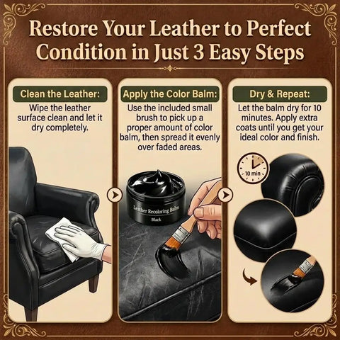 Instructions for No Brainer Black Leather Recoloring Balm Kit with steps for cleaning and applying color balm.