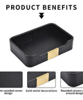 Lux Leather Valet Tray Desk Organizer And Nightstand Catchall Caddy For Jewelry, Watches, Keys, Phone, Wallet, Cosmetics, Remote, And Pen Water Resistant Anti Scratch Black, showing rounded corners and gold metal detail.