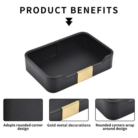 Lux Leather Valet Tray Desk Organizer And Nightstand Catchall Caddy For Jewelry, Watches, Keys, Phone, Wallet, Cosmetics, Remote, And Pen Water Resistant Anti Scratch Black, showing rounded corners and gold metal detail.