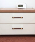 Walnut Cabinet Pulls Set 2 Pack Modern Long Handles on white dresser, 96mm hole spacing, easy installation, dark brown wood