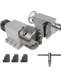 Heavy Hitter CNC Router Fourth Axis Rotary Table With 3 Jaw 100MM Chuck showing rotary chuck and tailstock for milling.