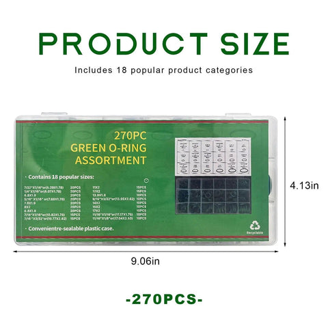 Front view of 270 Piece Car AC O Ring Kit With 18 Sizes Fluorine Rubber Gaskets For Automotive AC Repair And Plumbing Sealing Box