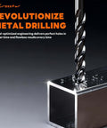Close-up of Crosstar M35 cobalt drill bit drilling into a metal block; TiAlN-coated twist-flute bit.