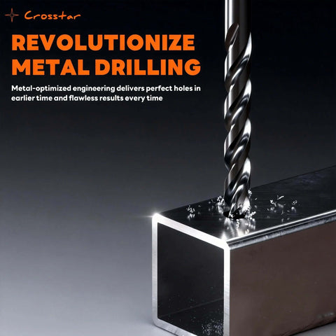 Close-up of Crosstar M35 cobalt drill bit drilling into a metal block; TiAlN-coated twist-flute bit.