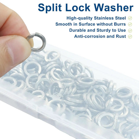 120 Pcs M8 Split Lock Washers 304 Stainless Steel Spring Lock Washers With Plastic Box displayed with hand holding washer
