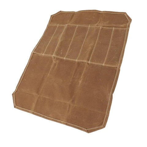 Flat view of Waxed Canvas Go-To Chef Knife Roll Bag For Camping And Travel Durable Water Resistant Knife Carrier With Secure Slots.