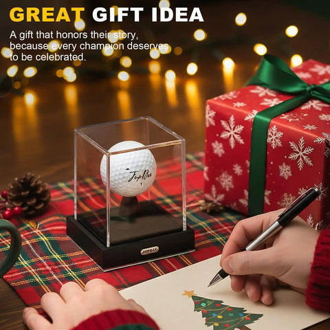 Clear Acrylic Golf Ball Display Case With Secure Locking System, Dustproof Cube Holder With Velvet Interior, on a table