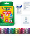 Crayola First Aid Kit, 30 pieces — front view; bright green case with crayon-shaped bandages