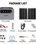 Package list for Adjustable Output Solar Fence Charger with solar panel, cables, brackets, power adapter, screws, and manual.