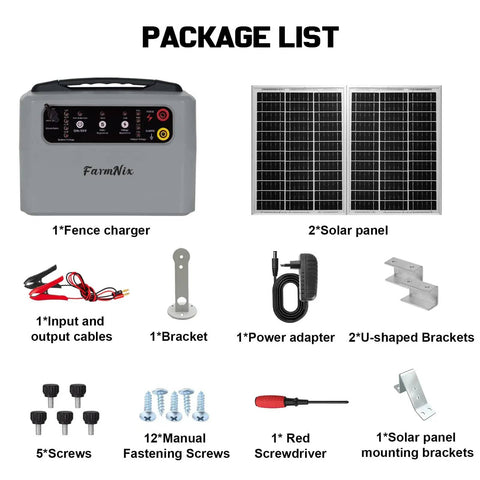Package list for Adjustable Output Solar Fence Charger with solar panel, cables, brackets, power adapter, screws, and manual.
