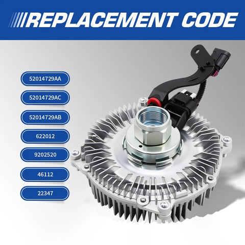 Heavy Duty Radiator Fan Clutch For Ram 2500 3500 4500 5500 6.7L Diesel 2013 2018 with replacement part codes on display.